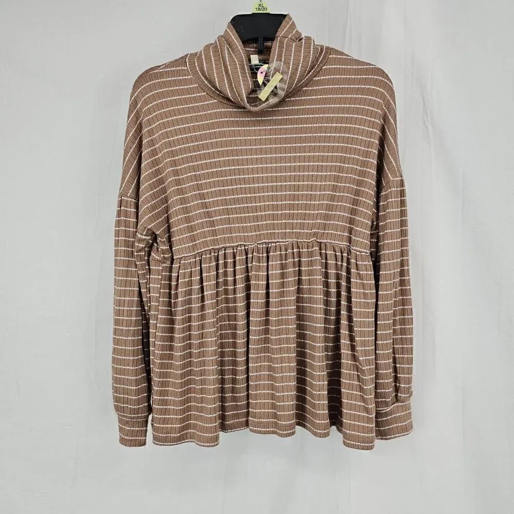 Hayden Girls Size Medium Brown White Striped Ribbed Long Sleeve Babydoll Mock
